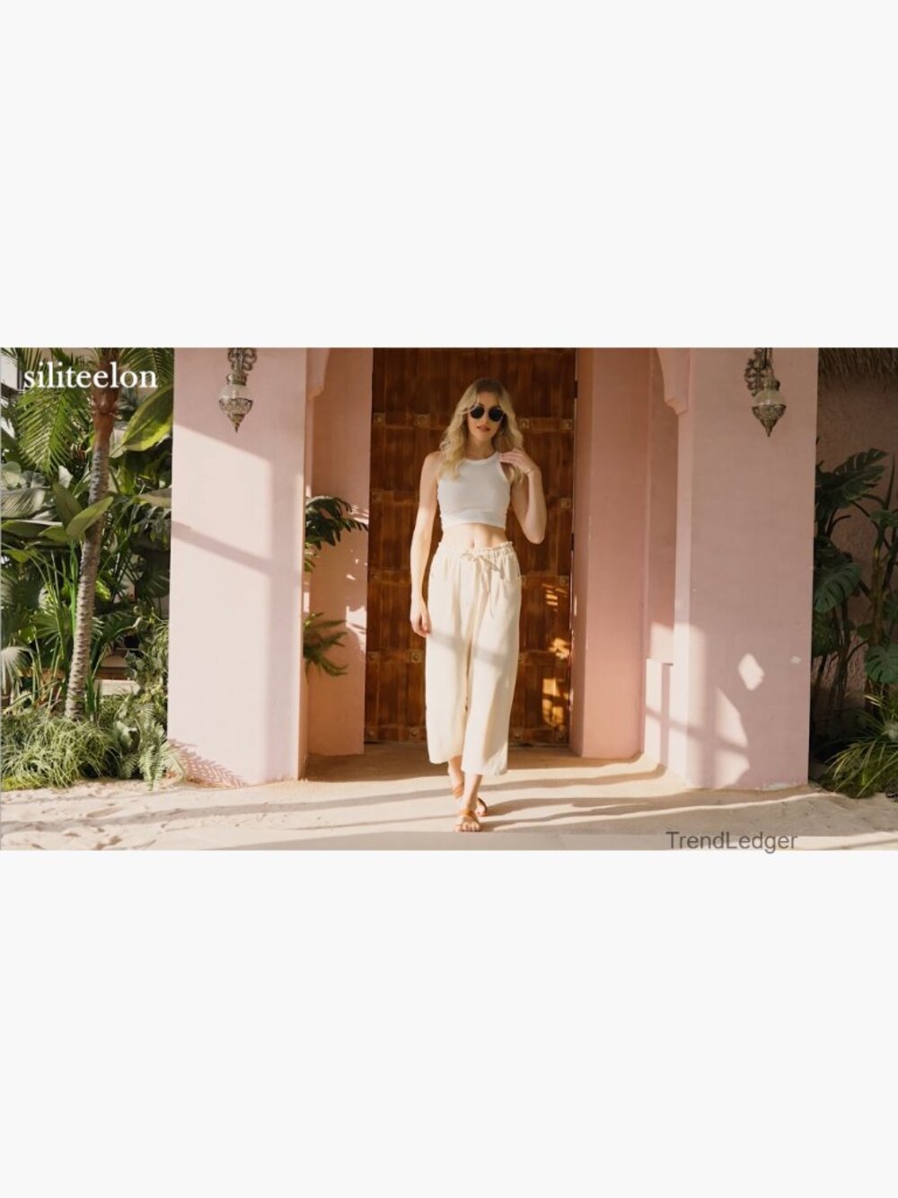 Wide Leg Linen Pants High Waist Palazzo Flowy Capri with Pockets - Picture 6 of 6